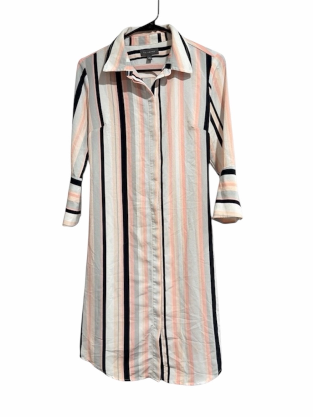 The Limited Size 4 Pink Black Gray Striped Shirt Dress 3/4 Sleeve Belted